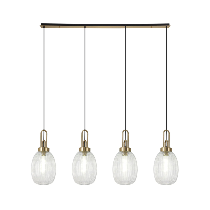 Idolite Camille Linear 4 Light Pendant With 20cm Almond Ribbed Glass, Brass Gold/Matt Black Clear
