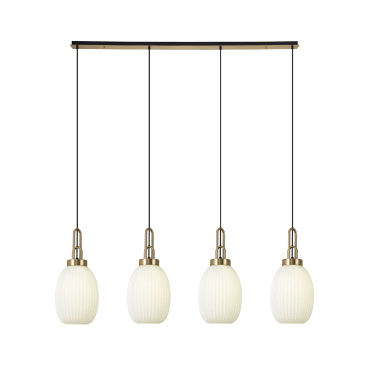Idolite Camille Linear 4 Light Pendant With 20cm Almond Ribbed Glass, Brass Gold/Matt Black Opal