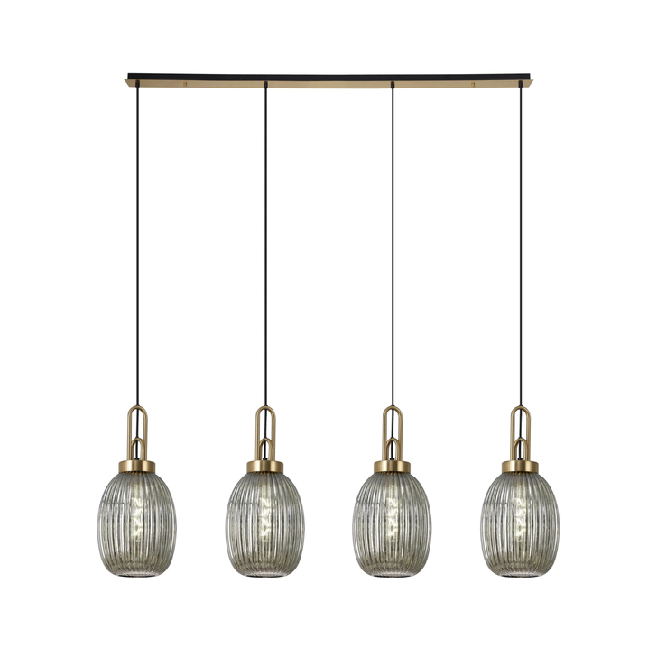 Idolite Camille Linear 4 Light Pendant With 20cm Almond Ribbed Glass, Brass Gold/Matt Black Smoked