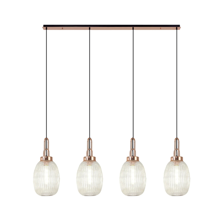 Idolite Camille Linear 4 Light Pendant With 20cm Almond Ribbed Glass, Copper/Matt Black Champagne