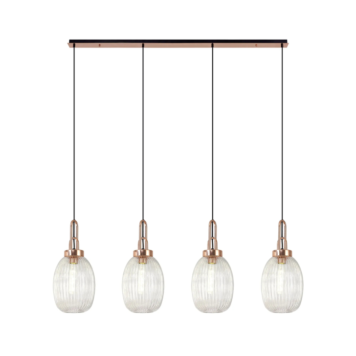 Idolite Camille Linear 4 Light Pendant With 20cm Almond Ribbed Glass, Copper/Matt Black Clear