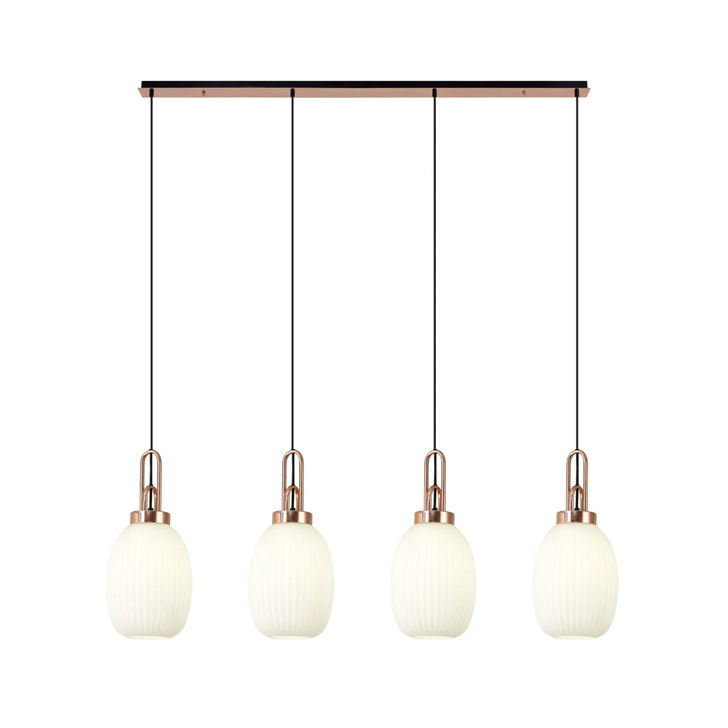 Idolite Camille Linear 4 Light Pendant With 20cm Almond Ribbed Glass, Copper/Matt Black Opal