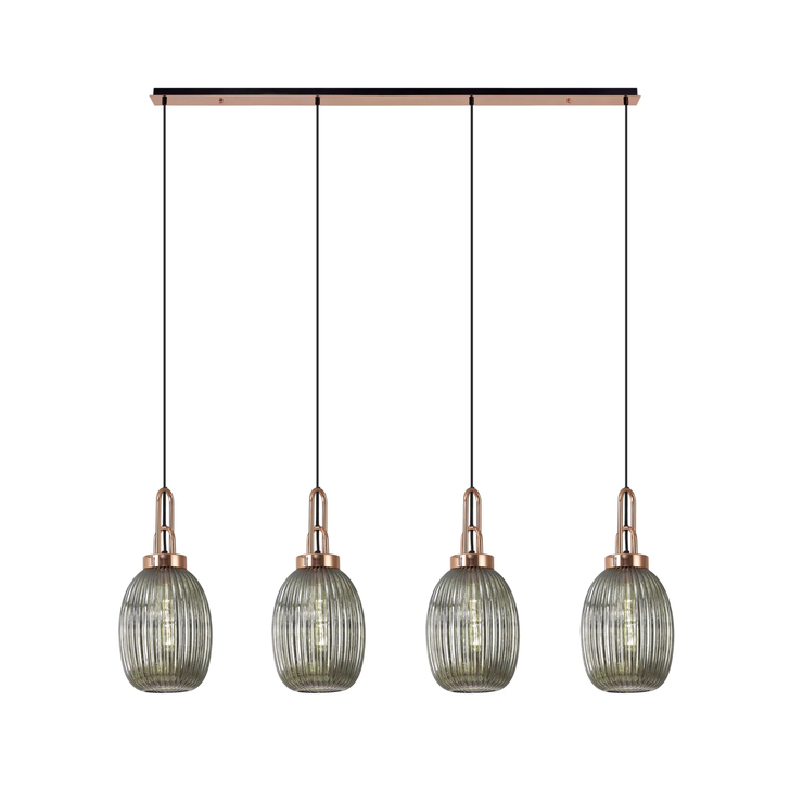 Idolite Camille Linear 4 Light Pendant With 20cm Almond Ribbed Glass, Copper/Matt Black Smoked