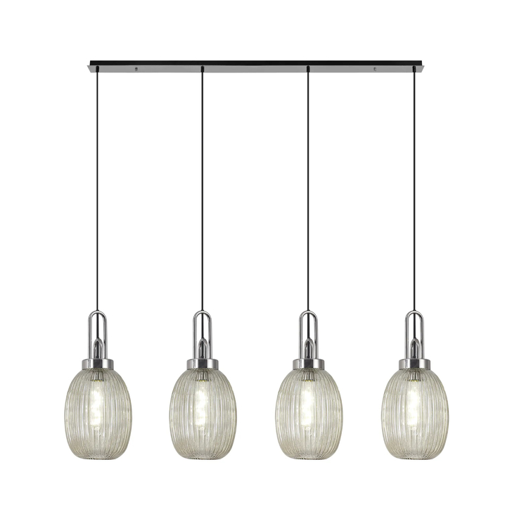 Idolite Camille Linear 4 Light Pendant With 20cm Almond Ribbed Glass, Polished Nickel/Matt Black Champagne