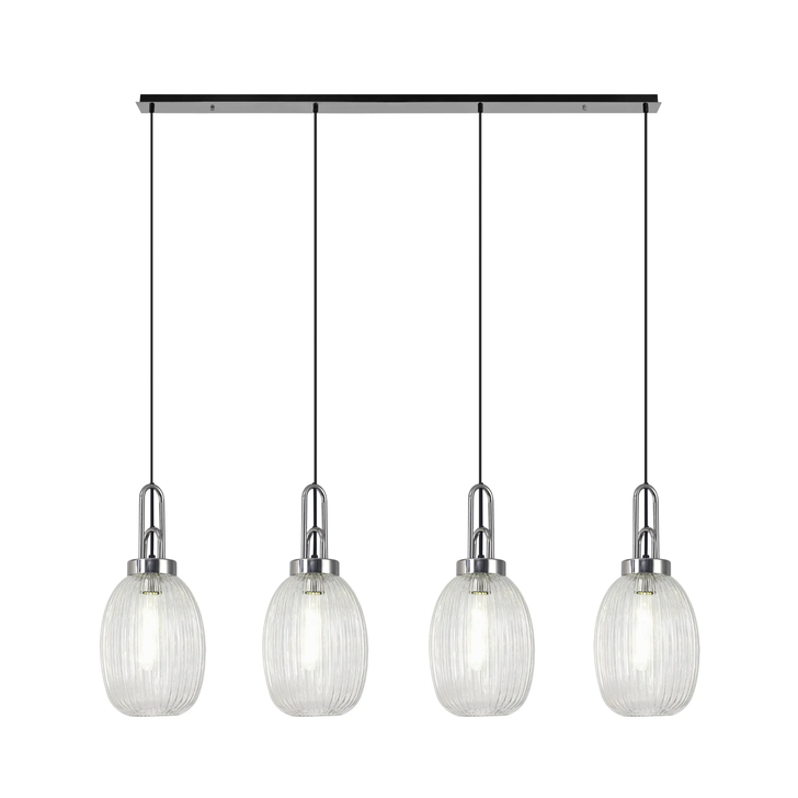 Idolite Camille Linear 4 Light Pendant With 20cm Almond Ribbed Glass, Polished Nickel/Matt Black Clear