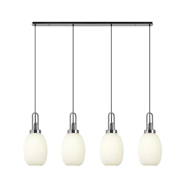 Idolite Camille Linear 4 Light Pendant With 20cm Almond Ribbed Glass, Polished Nickel/Matt Black Opal