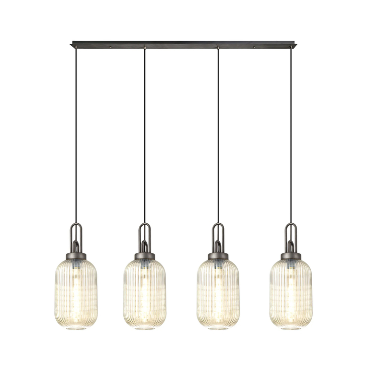 Idolite Camille Linear 4 Light Pendant With 20cm Tubular Ribbed Glass, Aged Pewter/Matt Black Champagne