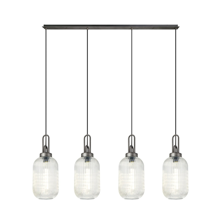 Idolite Camille Linear 4 Light Pendant With 20cm Tubular Ribbed Glass, Aged Pewter/Matt Black Clear