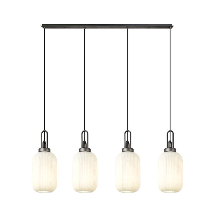 Idolite Camille Linear 4 Light Pendant With 20cm Tubular Ribbed Glass, Aged Pewter/Matt Black Opal