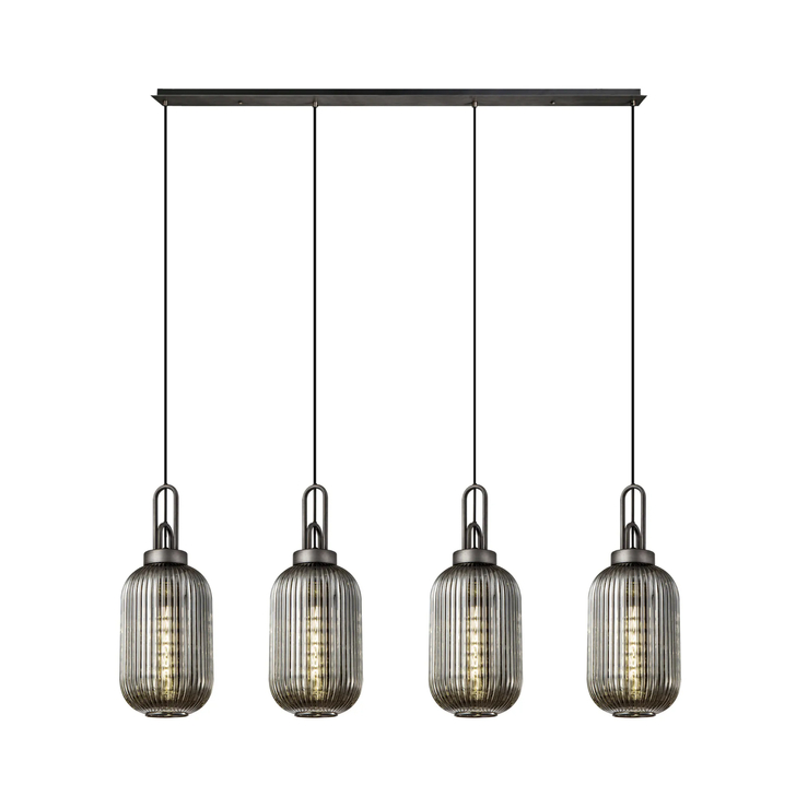 Idolite Camille Linear 4 Light Pendant With 20cm Tubular Ribbed Glass, Aged Pewter/Matt Black Smoked