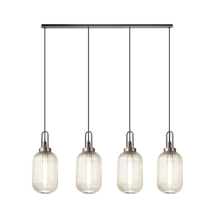 Idolite Camille Linear 4 Light Pendant With 20cm Tubular Ribbed Glass, Antique Silver/Matt Black Champagne