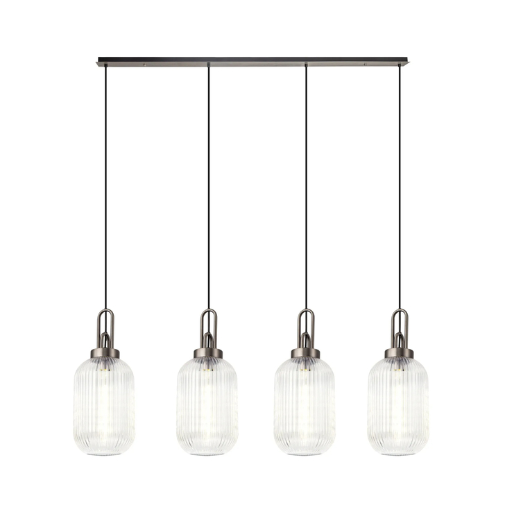 Idolite Camille Linear 4 Light Pendant With 20cm Tubular Ribbed Glass, Antique Silver/Matt Black Clear