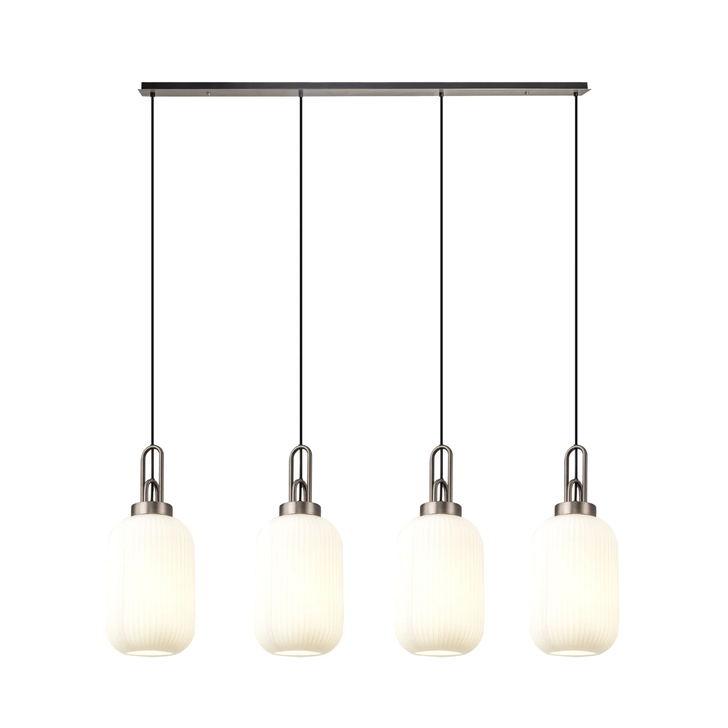 Idolite Camille Linear 4 Light Pendant With 20cm Tubular Ribbed Glass, Antique Silver/Matt Black Opal