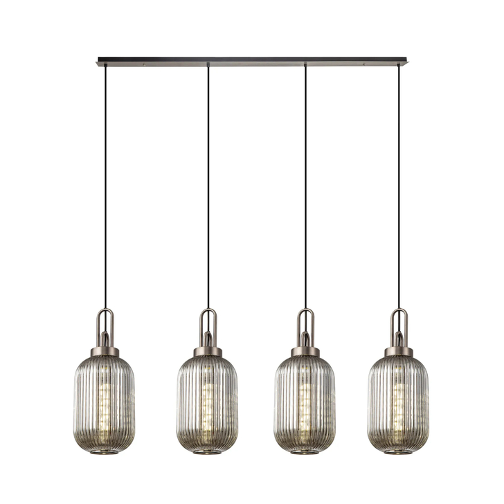 Idolite Camille Linear 4 Light Pendant With 20cm Tubular Ribbed Glass, Antique Silver/Matt Black Smoked