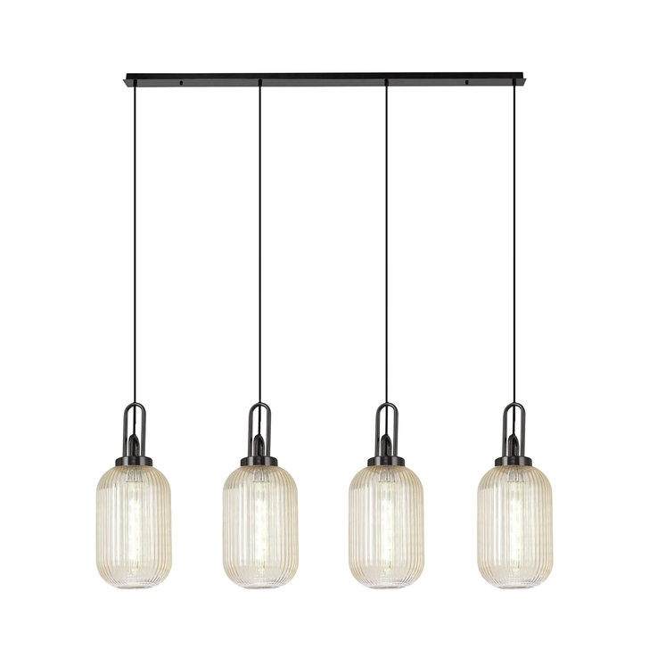 Idolite Camille Linear 4 Light Pendant With 20cm Tubular Ribbed Glass, Black Chrome/Matt Black Champagne