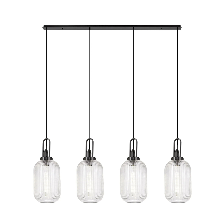 Idolite Camille Linear 4 Light Pendant With 20cm Tubular Ribbed Glass, Black Chrome/Matt Black Clear