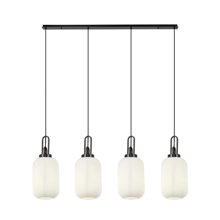 Idolite Camille Linear 4 Light Pendant With 20cm Tubular Ribbed Glass, Black Chrome/Matt Black Opal