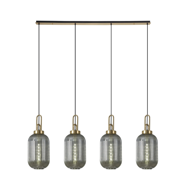 Idolite Camille Linear 4 Light Pendant With 20cm Tubular Ribbed Glass, Brass Gold/Matt Black Smoked