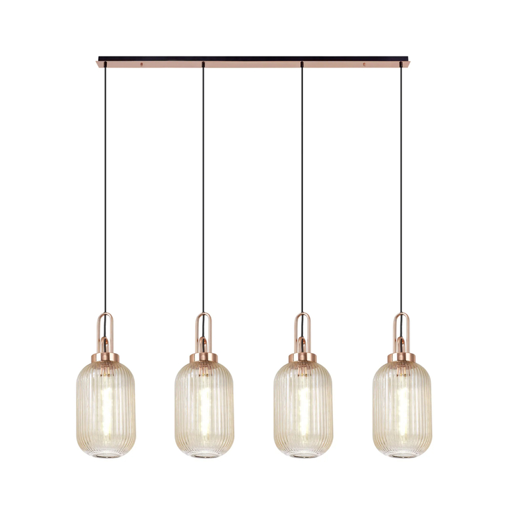 Idolite Camille Linear 4 Light Pendant With 20cm Tubular Ribbed Glass, Copper/Matt Black Champagne