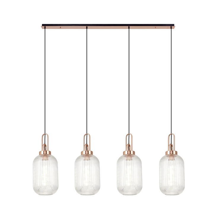 Idolite Camille Linear 4 Light Pendant With 20cm Tubular Ribbed Glass, Copper/Matt Black Clear