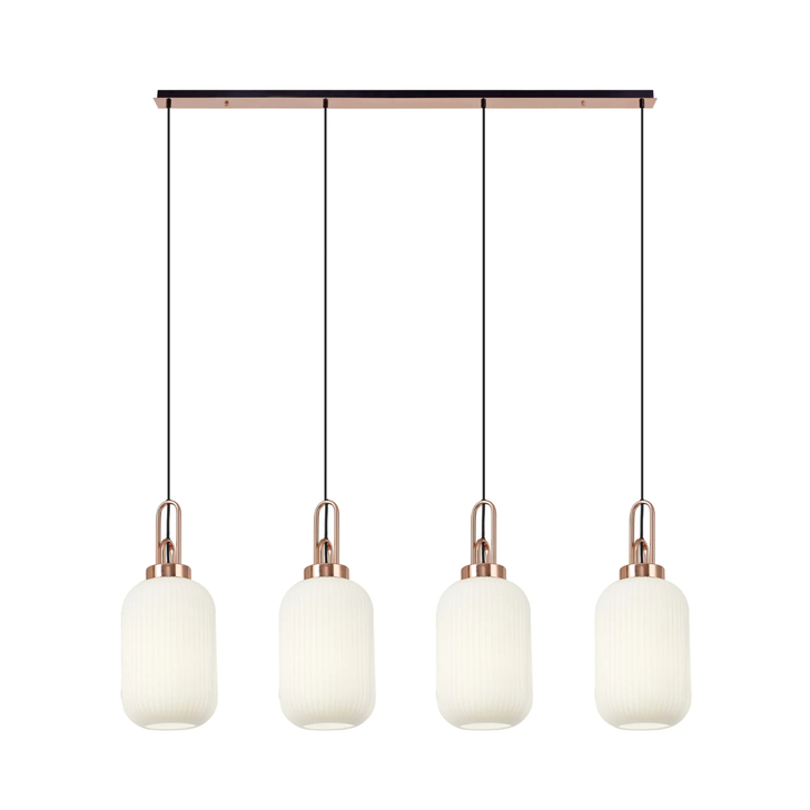 Idolite Camille Linear 4 Light Pendant With 20cm Tubular Ribbed Glass, Copper/Matt Black Opal