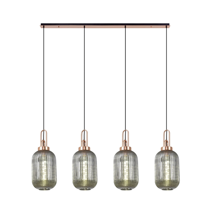 Idolite Camille Linear 4 Light Pendant With 20cm Tubular Ribbed Glass, Copper/Matt Black Smoked