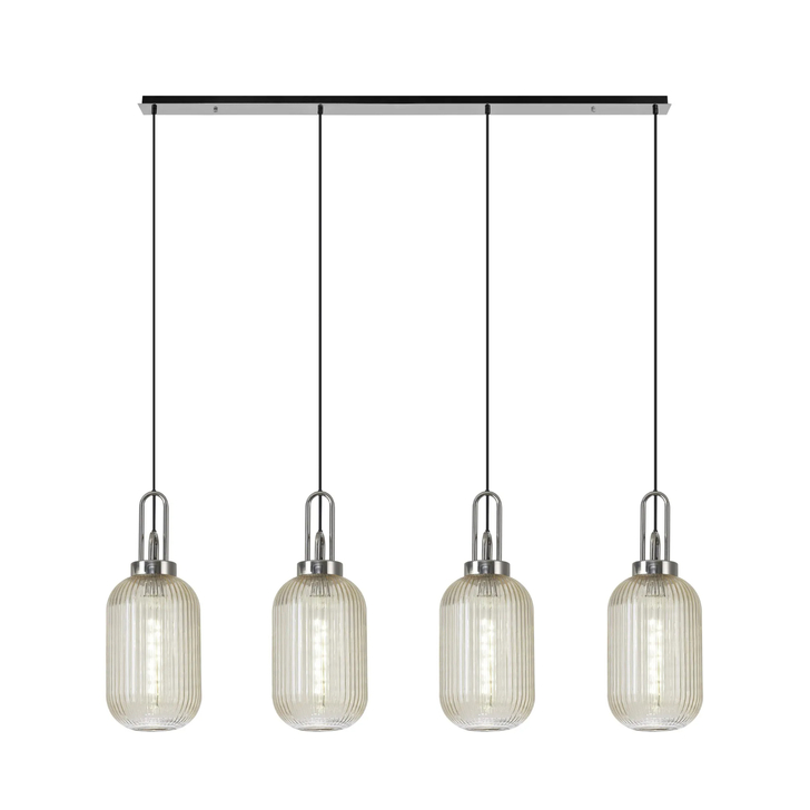 Idolite Camille Linear 4 Light Pendant With 20cm Tubular Ribbed Glass, Polished Nickel/Matt Black Champagne