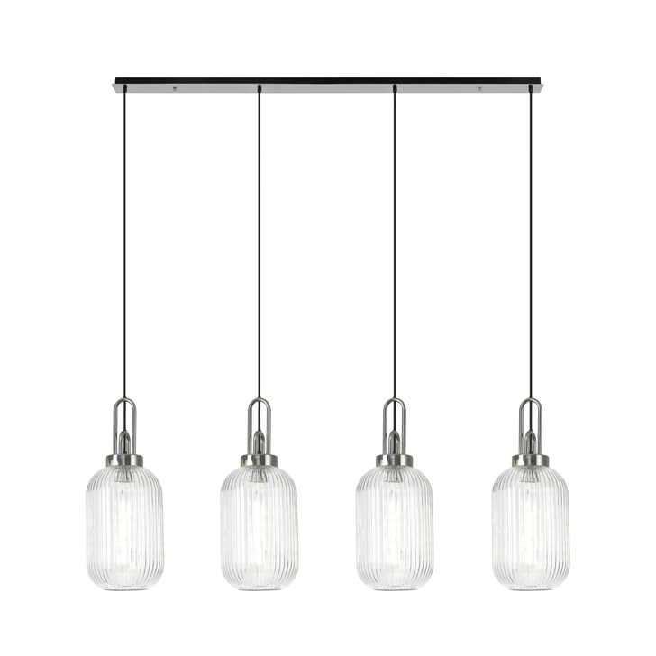 Idolite Camille Linear 4 Light Pendant With 20cm Tubular Ribbed Glass, Polished Nickel/Matt Black Clear