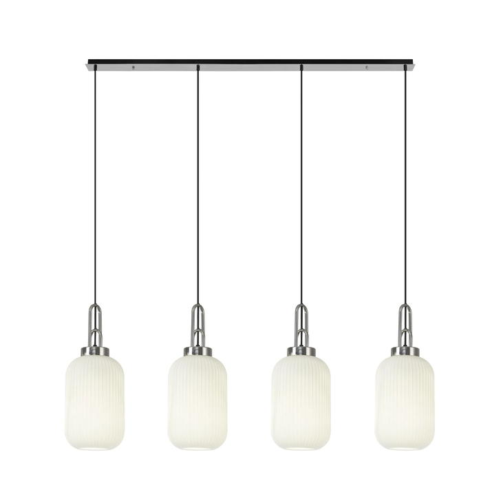 Idolite Camille Linear 4 Light Pendant With 20cm Tubular Ribbed Glass, Polished Nickel/Matt Black Opal