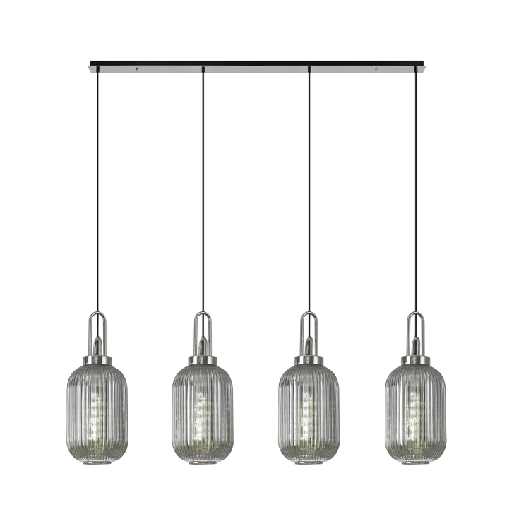 Idolite Camille Linear 4 Light Pendant With 20cm Tubular Ribbed Glass, Polished Nickel/Matt Black Smoked