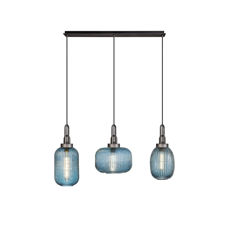 Idolite Camille Linear Pendant 3 x E27 With Various Glasses, Aged Pewter/Petrol Blue/Matt Black