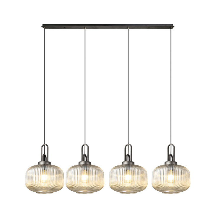 Idolite Camille Linear Pendant, 4 x E27, Aged Pewter/Matt Black With 30cm Pumpkin Shaped Ribbed Champagne Glass
