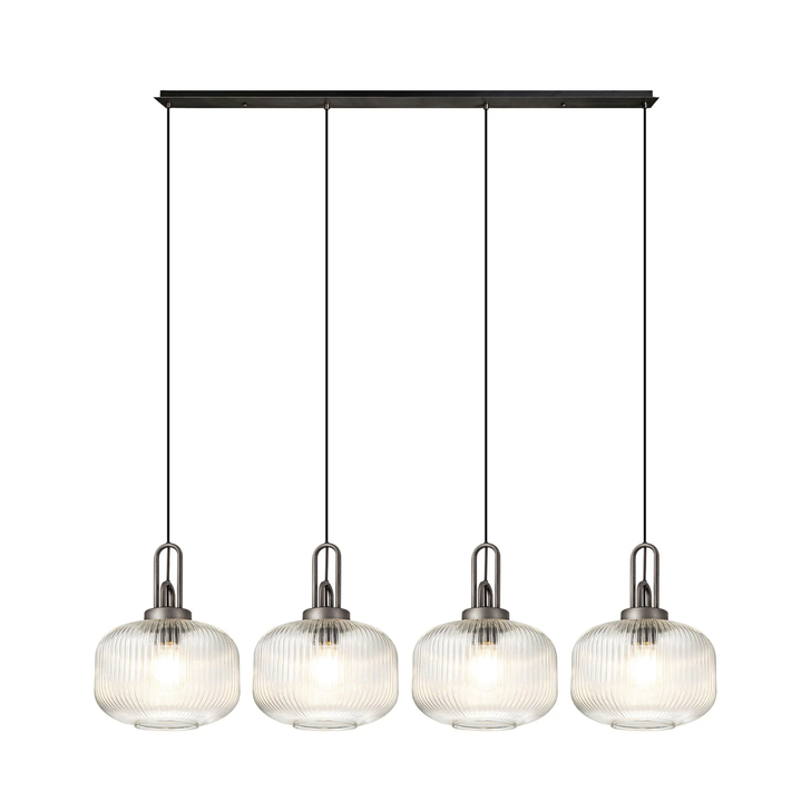 Idolite Camille Linear Pendant, 4 x E27, Aged Pewter/Matt Black With 30cm Pumpkin Shaped Ribbed Clear Glass