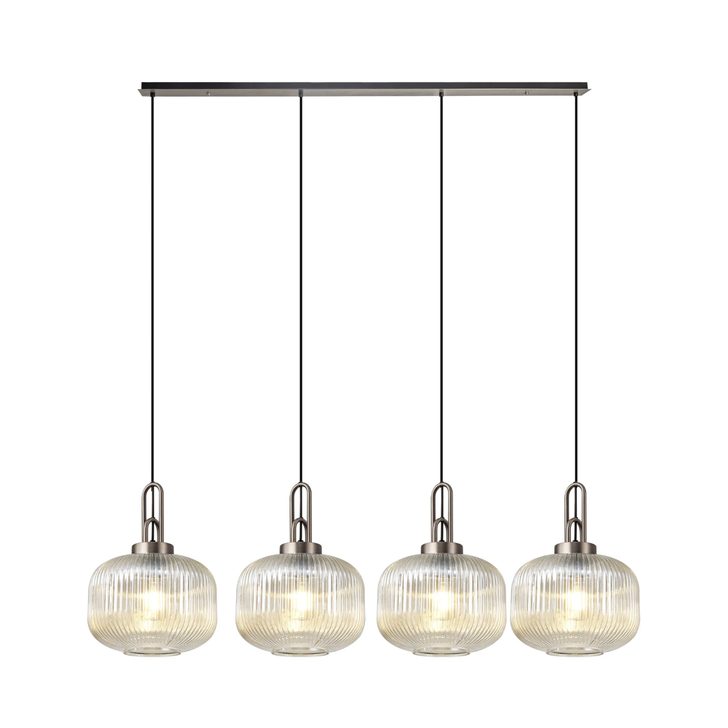 Idolite Camille Linear Pendant, 4 x E27, Antique Silver/Matt Black With 30cm Pumpkin Shaped Ribbed Champagne Glass