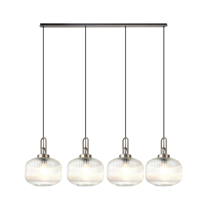 Idolite Camille Linear Pendant, 4 x E27, Antique Silver/Matt Black With 30cm Pumpkin Shaped Ribbed Clear Glass