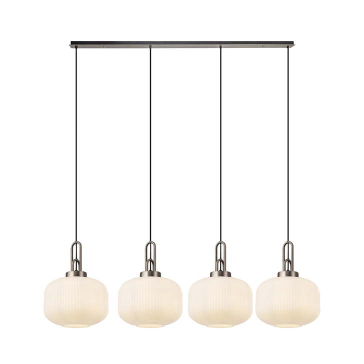 Idolite Camille Linear Pendant, 4 x E27, Antique Silver/Matt Black With 30cm Pumpkin Shaped Ribbed Opal Glass