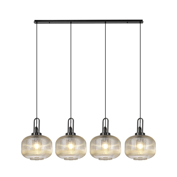 Idolite Camille Linear Pendant, 4 x E27, Black Chrome/Matt Black With 30cm Pumpkin Shaped Ribbed Champagne Glass