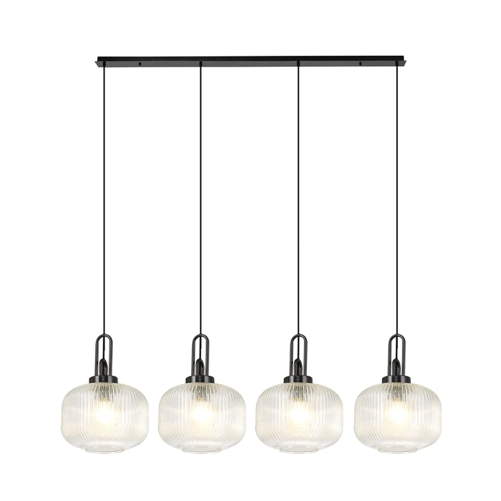 Idolite Camille Linear Pendant, 4 x E27, Black Chrome/Matt Black With 30cm Pumpkin Shaped Ribbed Clear Glass