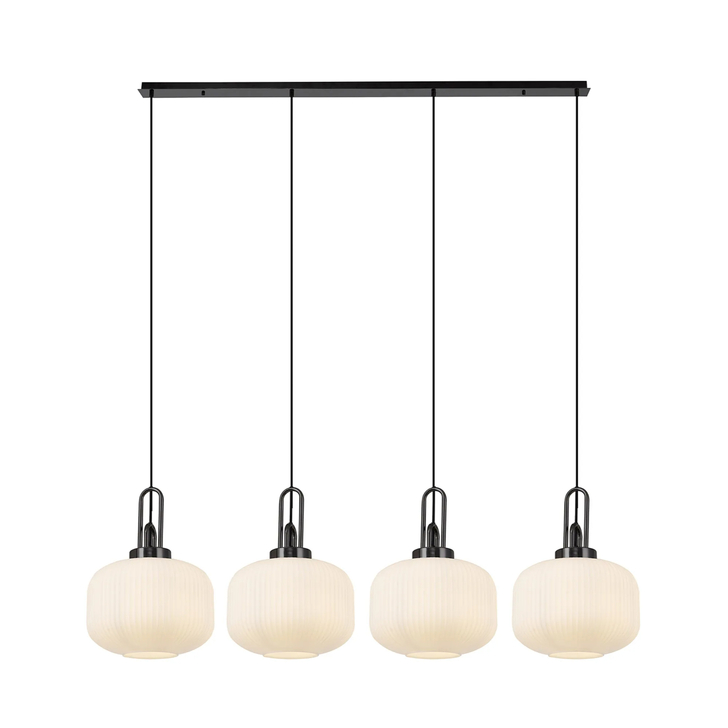 Idolite Camille Linear Pendant, 4 x E27, Black Chrome/Matt Black With 30cm Pumpkin Shaped Ribbed Opal Glass