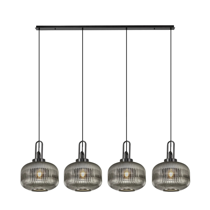 Idolite Camille Linear Pendant, 4 x E27, Black Chrome/Matt Black With 30cm Pumpkin Shaped Ribbed Smoked Glass