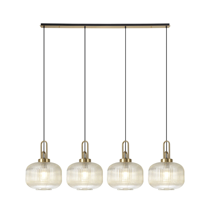 Idolite Camille Linear Pendant, 4 x E27, Brass Gold/Matt Black With 30cm Pumpkin Shaped Ribbed Champagne Glass