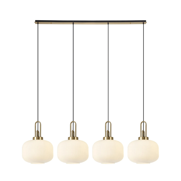 Idolite Camille Linear Pendant, 4 x E27, Brass Gold/Matt Black With 30cm Pumpkin Shaped Ribbed Opal Glass