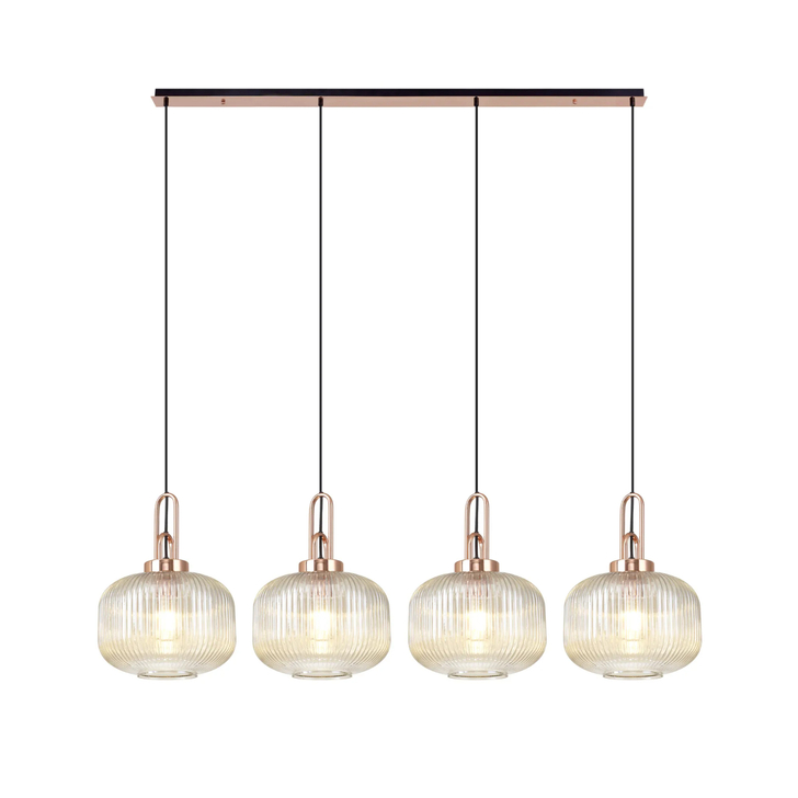 Idolite Camille Linear Pendant, 4 x E27, Copper/Matt Black With 30cm Pumpkin Shaped Ribbed Champagne Glass