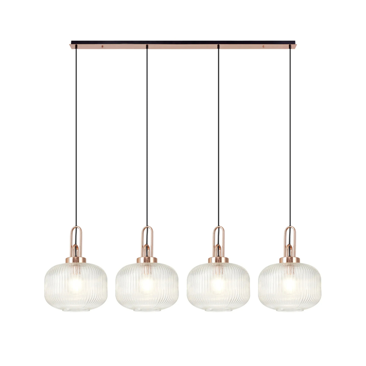 Idolite Camille Linear Pendant, 4 x E27, Copper/Matt Black With 30cm Pumpkin Shaped Ribbed Clear Glass
