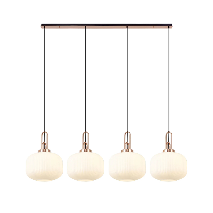 Idolite Camille Linear Pendant, 4 x E27, Copper/Matt Black With 30cm Pumpkin Shaped Ribbed Opal Glass