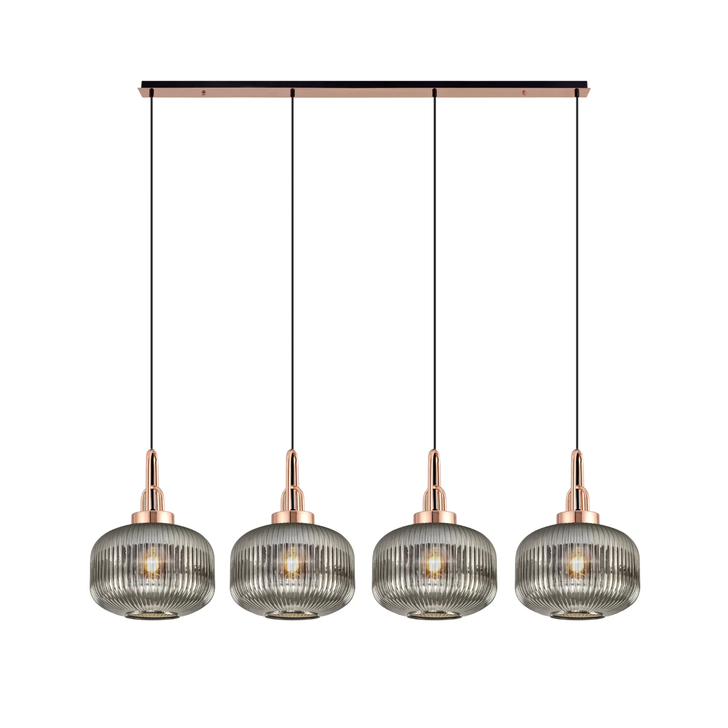 Idolite Camille Linear Pendant, 4 x E27, Copper/Matt Black With 30cm Pumpkin Shaped Ribbed Smoked Glass