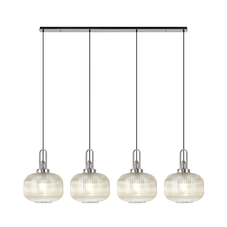 Idolite Camille Linear Pendant, 4 x E27, Polished Nickel/Matt Black With 30cm Pumpkin Shaped Ribbed Champagne Glass