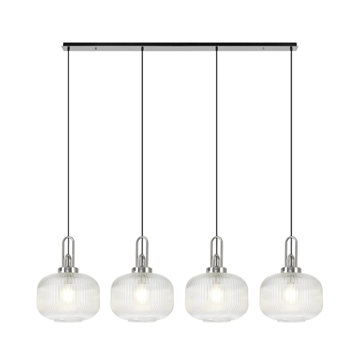 Idolite Camille Linear Pendant, 4 x E27, Polished Nickel/Matt Black With 30cm Pumpkin Shaped Ribbed Clear Glass