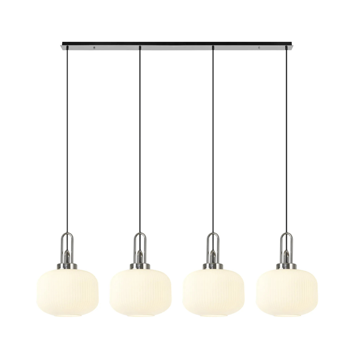 Idolite Camille Linear Pendant, 4 x E27, Polished Nickel/Matt Black With 30cm Pumpkin Shaped Ribbed Opal Glass