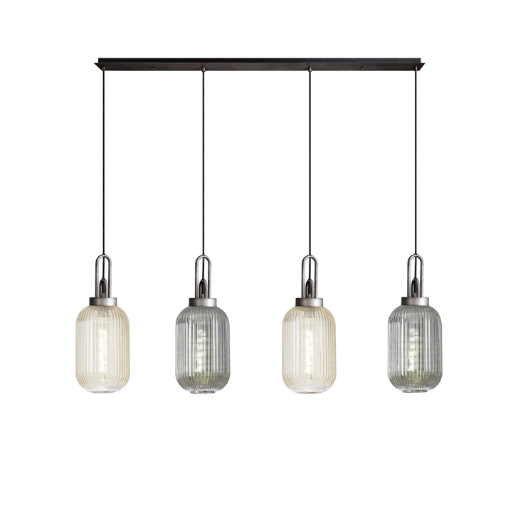 Idolite Camille Linear Pendant 4 x E27 With 20cm Tubular Ribbed Glass, Aged Pewter/Champagne/Smoked/Matt Black